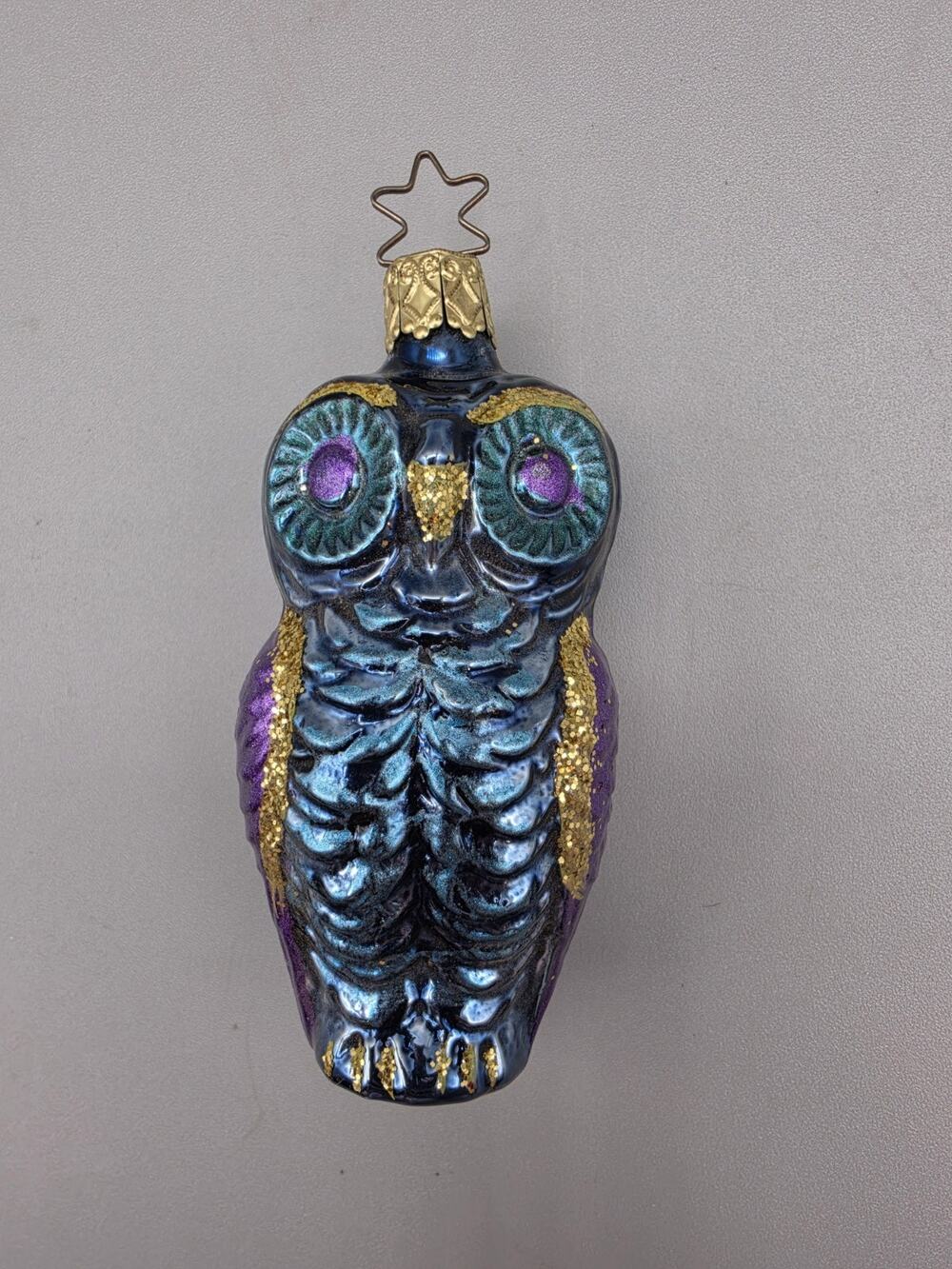Vintage Blue And Purple Blown Glass Owl Christmas Ornament Germany